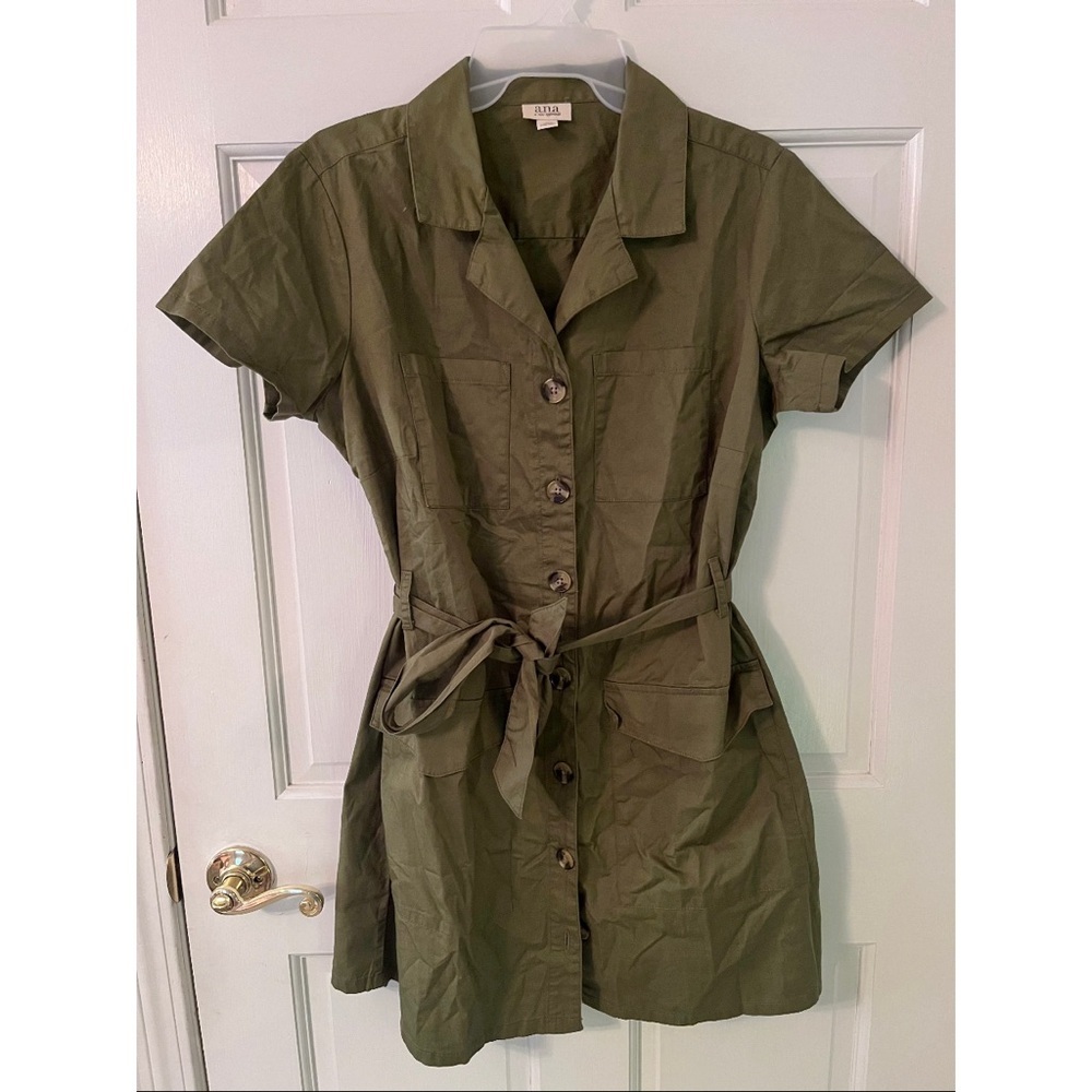 (NWT) a.n.a Women’s Olive Green Cargo Utility Button-down Mini Dress Tie Waist